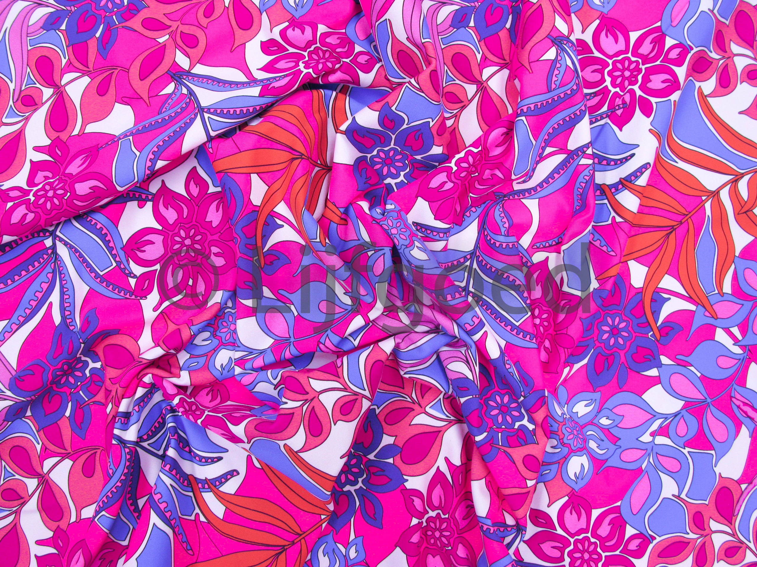 Malawi Lenen Arab badpak stof lycra neon roze/blauw 150cm retro bloemen - Webshop Lijfgoed