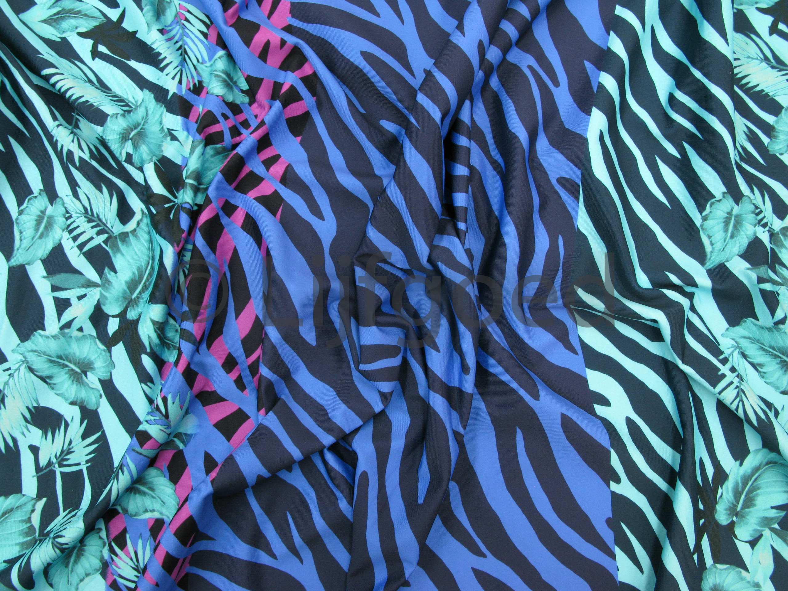 Patch Bedrog analyse badpak stof lycra blauw/fuchsia/mint blauw 150cm zebra met bladeren in  panelen van 44x58cm - Webshop Lijfgoed