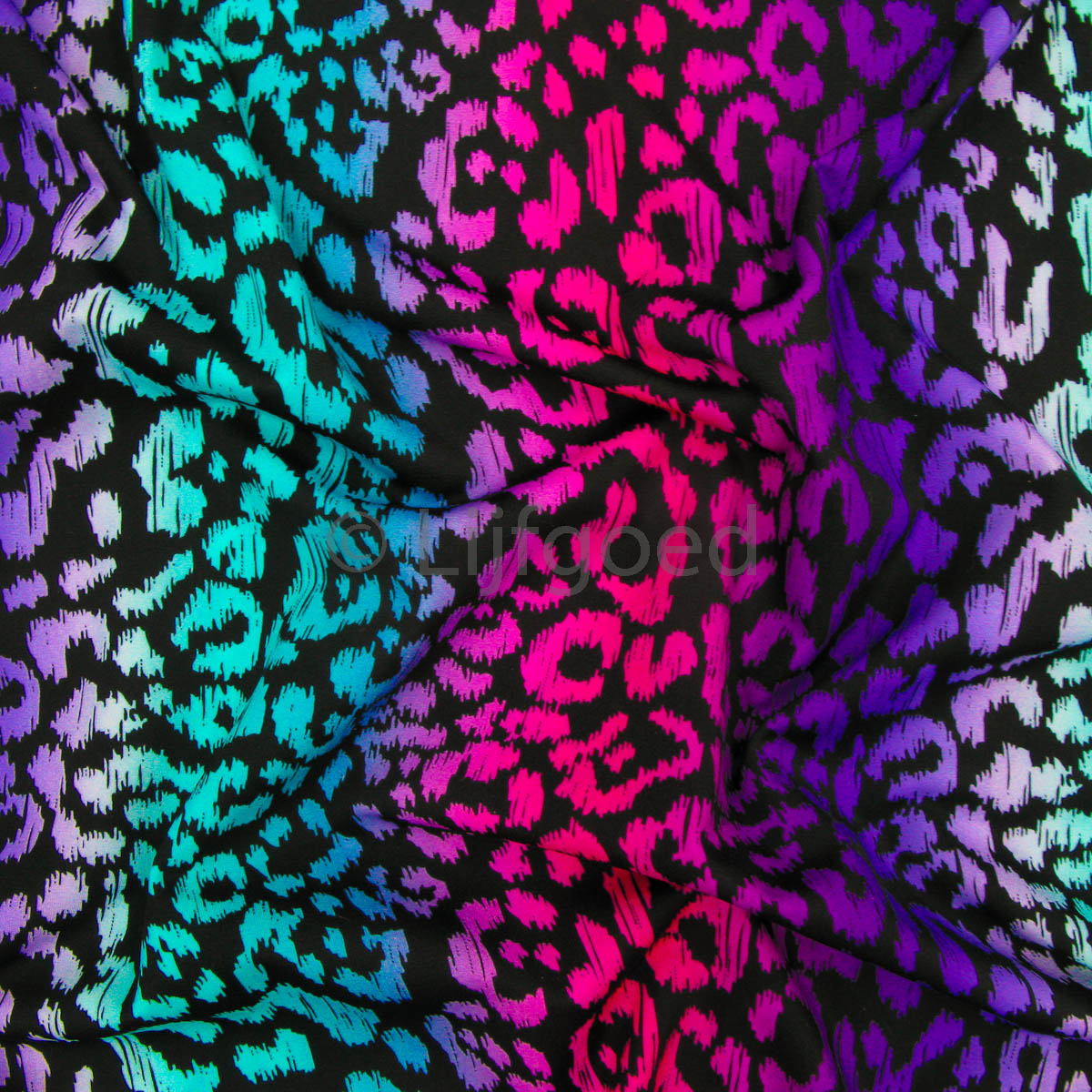 badpak lycra zwart wit paars turquoise fel roze 148cm panter print