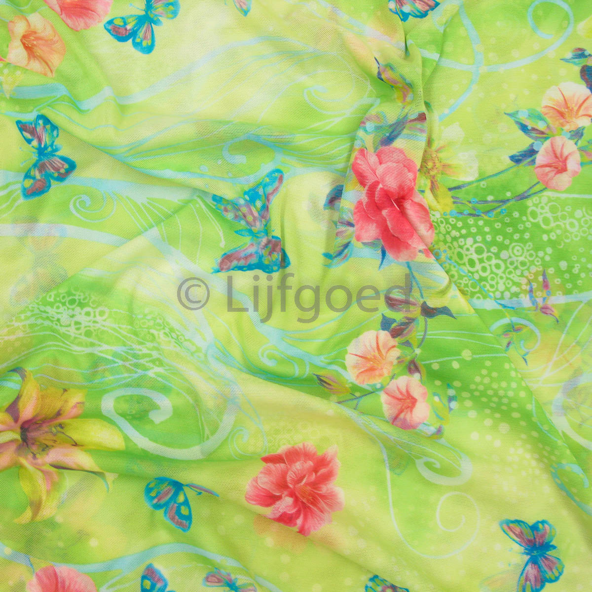 transparante lycra mesh grasgroen bloemen 150cm