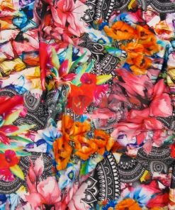 tricot viscose koraal roze oranje 140cm lelies klaprozen 